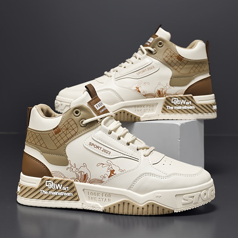 1pair Men'S Fashion Skateboarding Sneakers, High-Top Midsole with Lace-Up Closure, Faux Upper, Cartoon Wave Pattern, Comfortable Non-Slip PVC Sole, Breathable Fabric Lining, Casual Street Style Shoes for Outdoor Activities