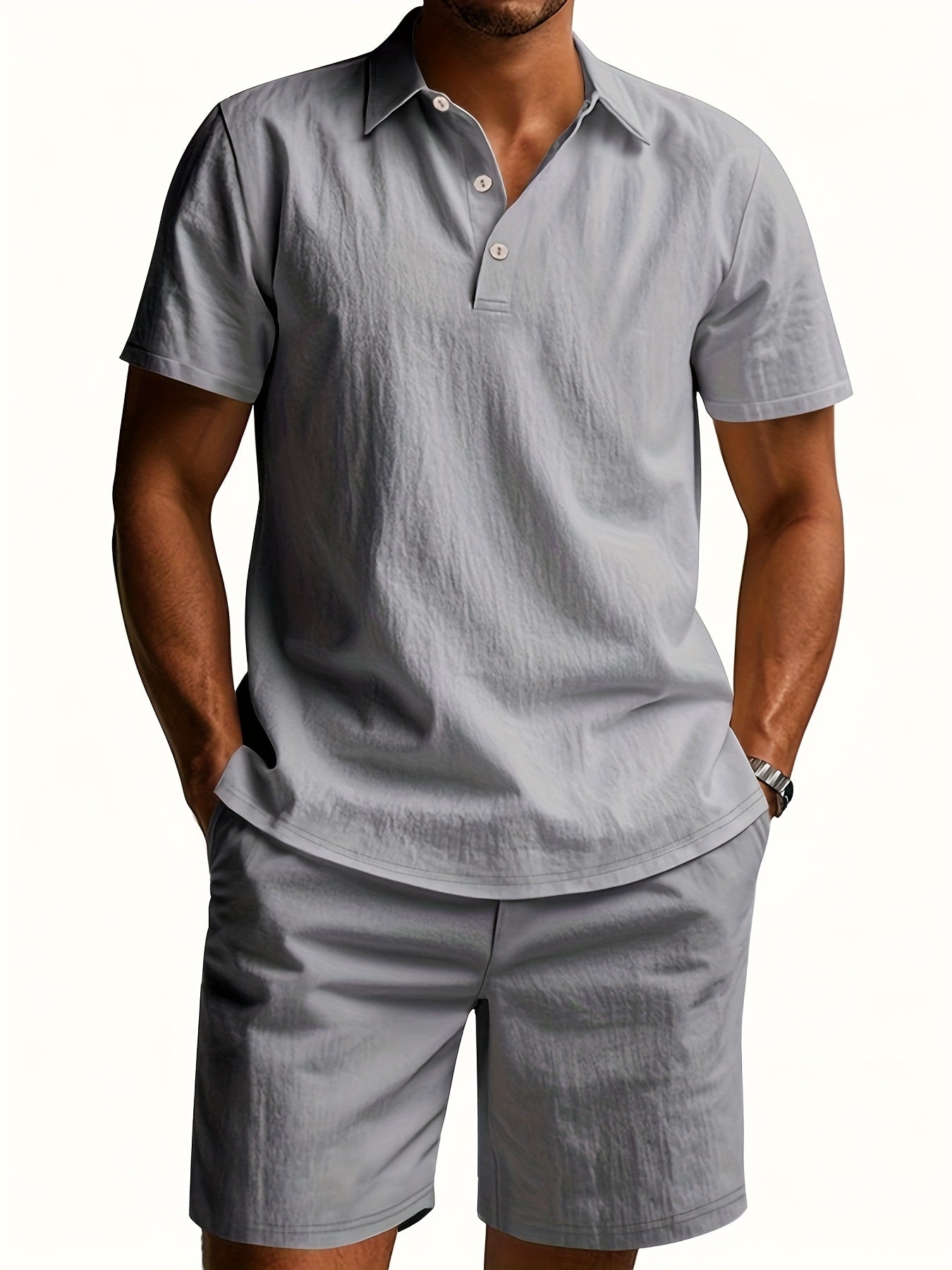 Essential for a Cool Summer! Men's Linen Shirt & Shorts Set, Comfortable Casual Outing Choice - Simple Beach Vacation Style Solid Color Linen