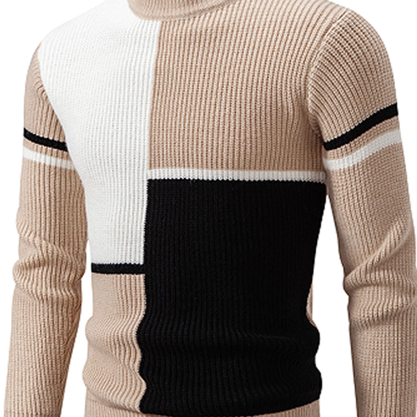 Men'S Autumn Winter New Round Neck Sweater | Color Block Design, Casual Versatile Top, Acrylic Fabric with Slight Stretch