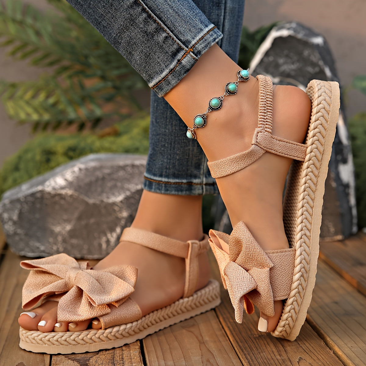 Elegant Women's Mary Jane Flat Sandals with Black Bow Detail - Lightweight Soft Microfiber Slip-On Open-Toe Beach Shoes, Comfortable EVA Sole for Casual Formal Wear, All-Season Versatile Design, Summer Footwear, Bowadorned