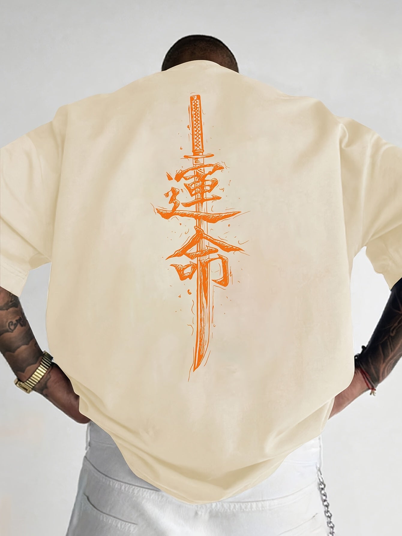 Men'S Japanese Samurai Sword Graphic T-Shirt - Casual Loose Fit Crew Neck, Short Sleeve Tee with Red Stylized Japanese Katanas Design, Breathable Polyester for Spring Summer Outdoor Wear