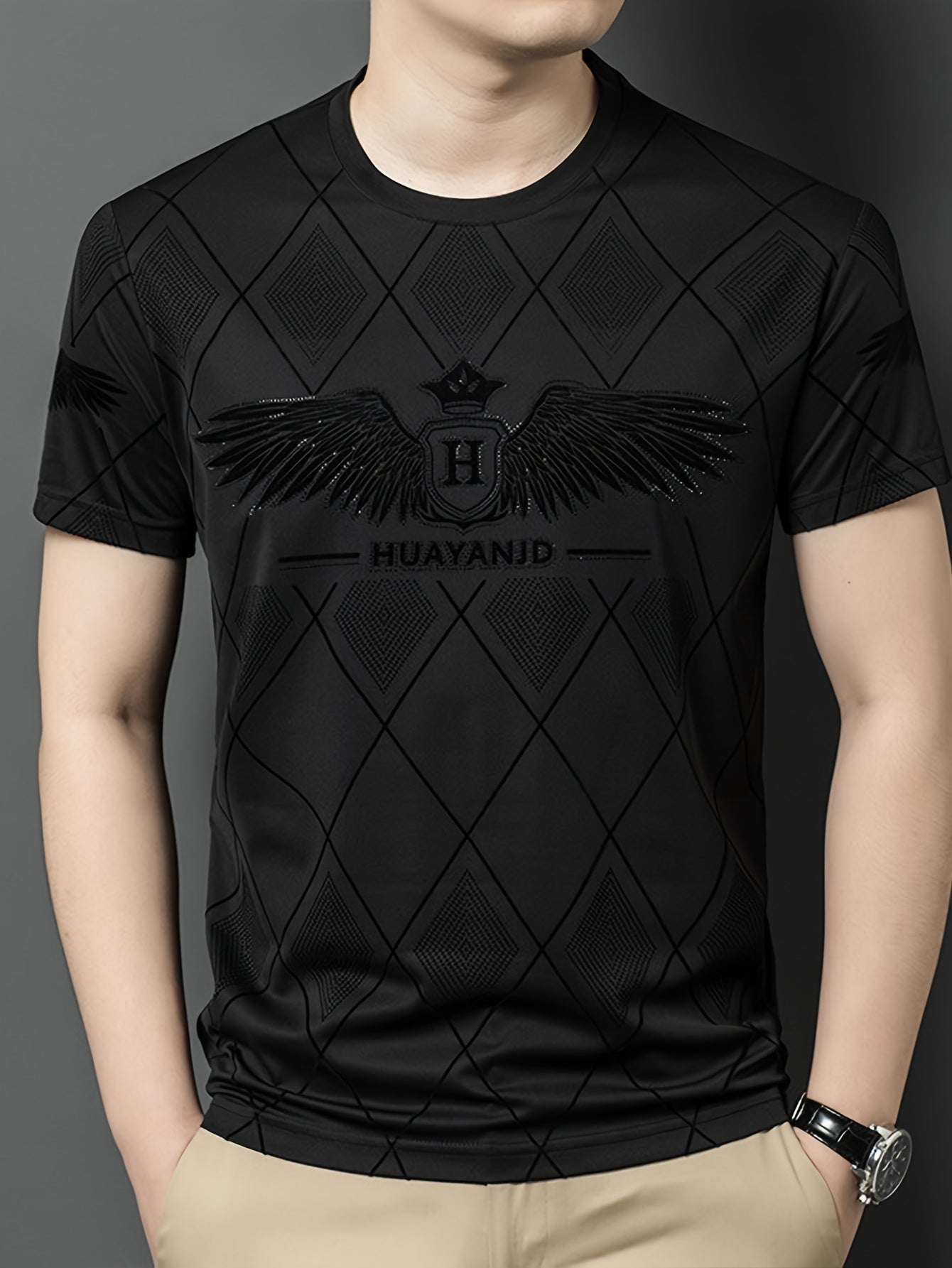 SINBOS Men's 2025 Summer Short Sleeve T-Shirt - Black Casual Graphic Print Tee with Wing HUYAND Logo Design, Breathable Stretch Fabric, Round Neck Regular Fit for Casual Attire, Nontransparent Material, Relaxed Fit, Trendy