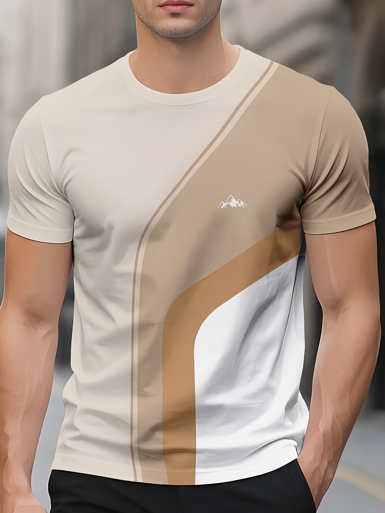 Men'S Beige Geometric Print T-Shirt - Casual Crew Neck, Slight Stretch Fabric, Modern Design with Striking Patterns, Everyday Tshirt Modern Tshirt Comfortable Fit