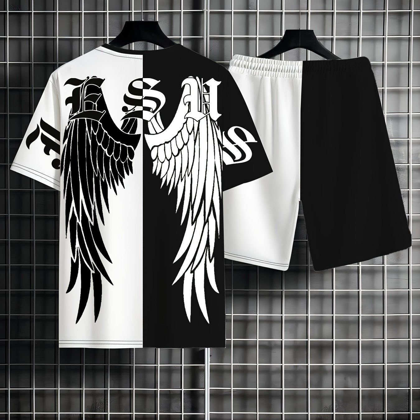 Men's Summer Fashion 2pcs Set: Gothic Wings Print T-Shirt & Shorts - Casual Beachwear, Athletic Loungewear, Machine Washable