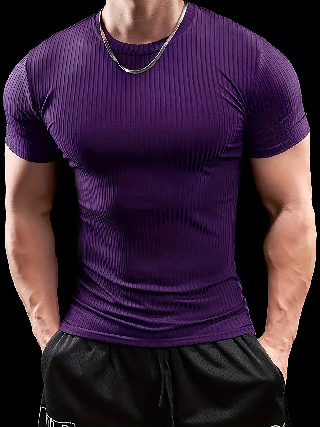 Men's Stretch Fit Short Sleeve T-Shirt - Breathable, Comfortable Polyester Blend, Solid Blue, Crew Neck, Casual Sporty Style for Spring/Summer