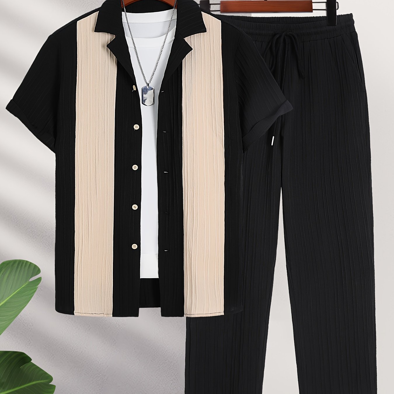 New Men's Colorful French Stripe Short Sleeve Shirt and Trousers Set