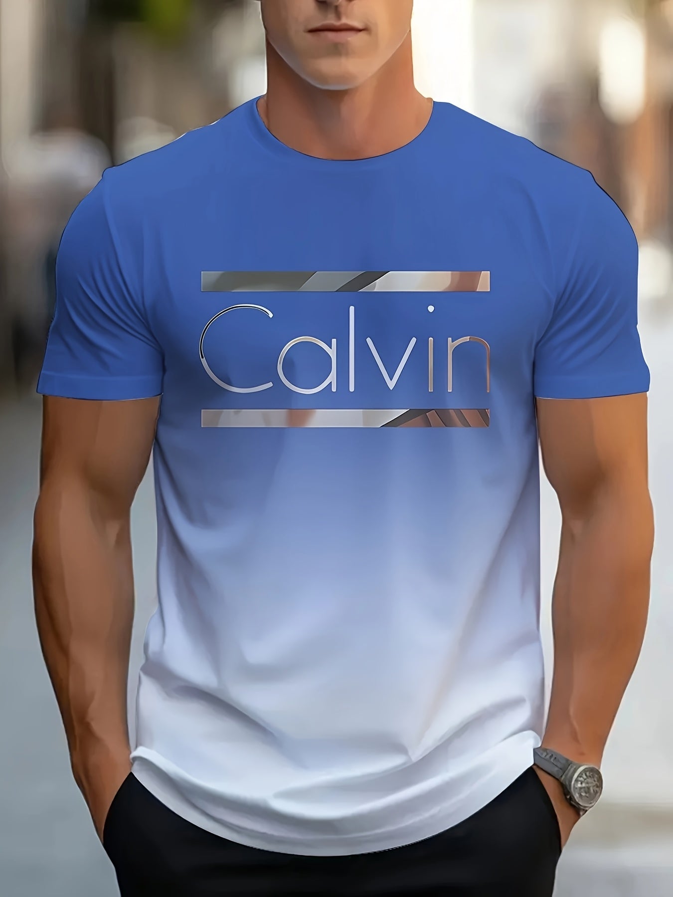 Men'S "Calvin" Graphic T-Shirt - Casual 3D Print Letter Tee with Geometric Design, Short Sleeve, Round Neck, Light Blue, Perfect for Summer, Everyday Sportswear, Casual Wear Tee Modern Casualwear Comfortable Fit