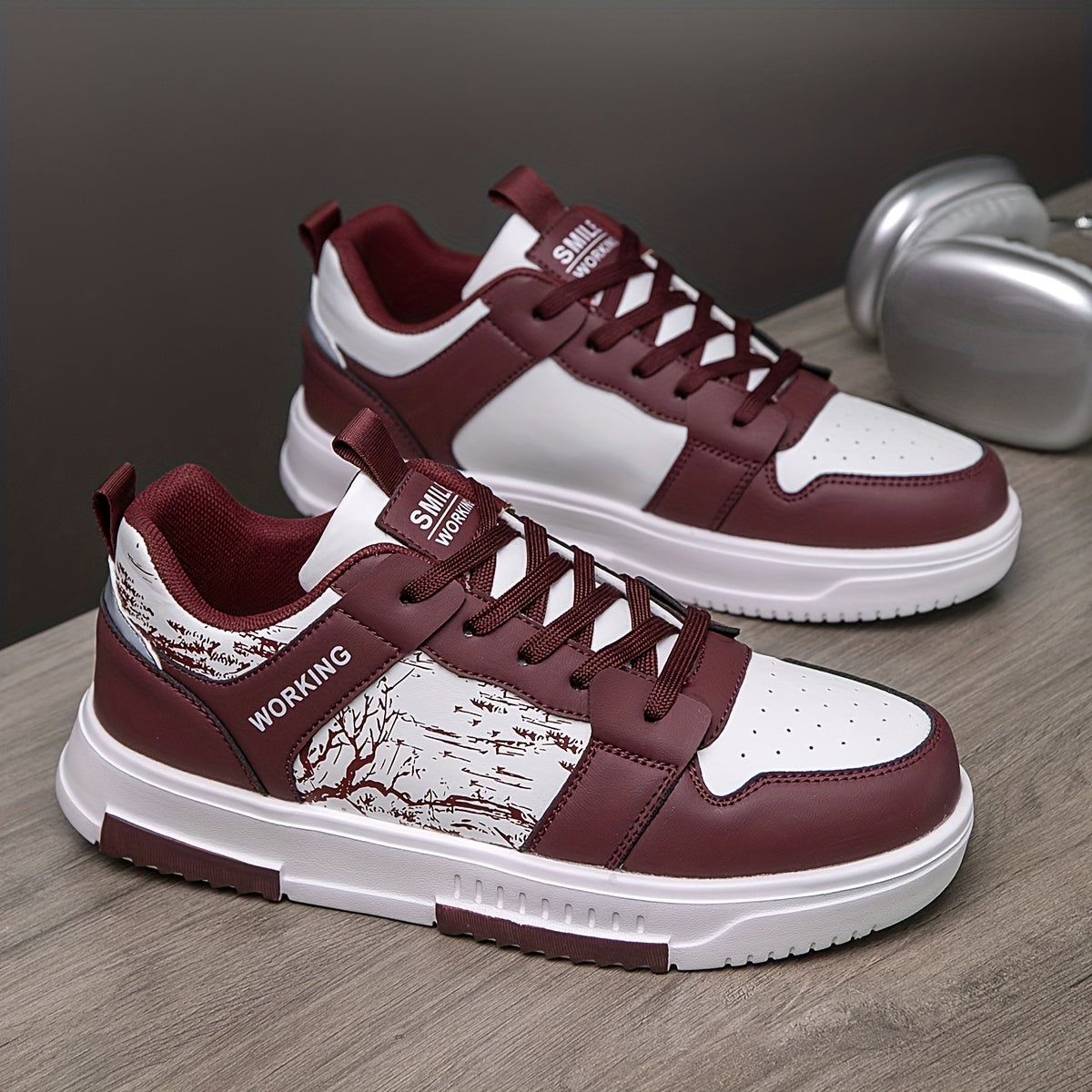1pair Men'S Fashion Skateboard Sneakers, Casual Street Style Athletic Shoes with Branch Print, Comfortable Lace-Up Low-Top Trainers, Faux Upper, Fabric Lining, EVA Sole, for Running and Daily Wear