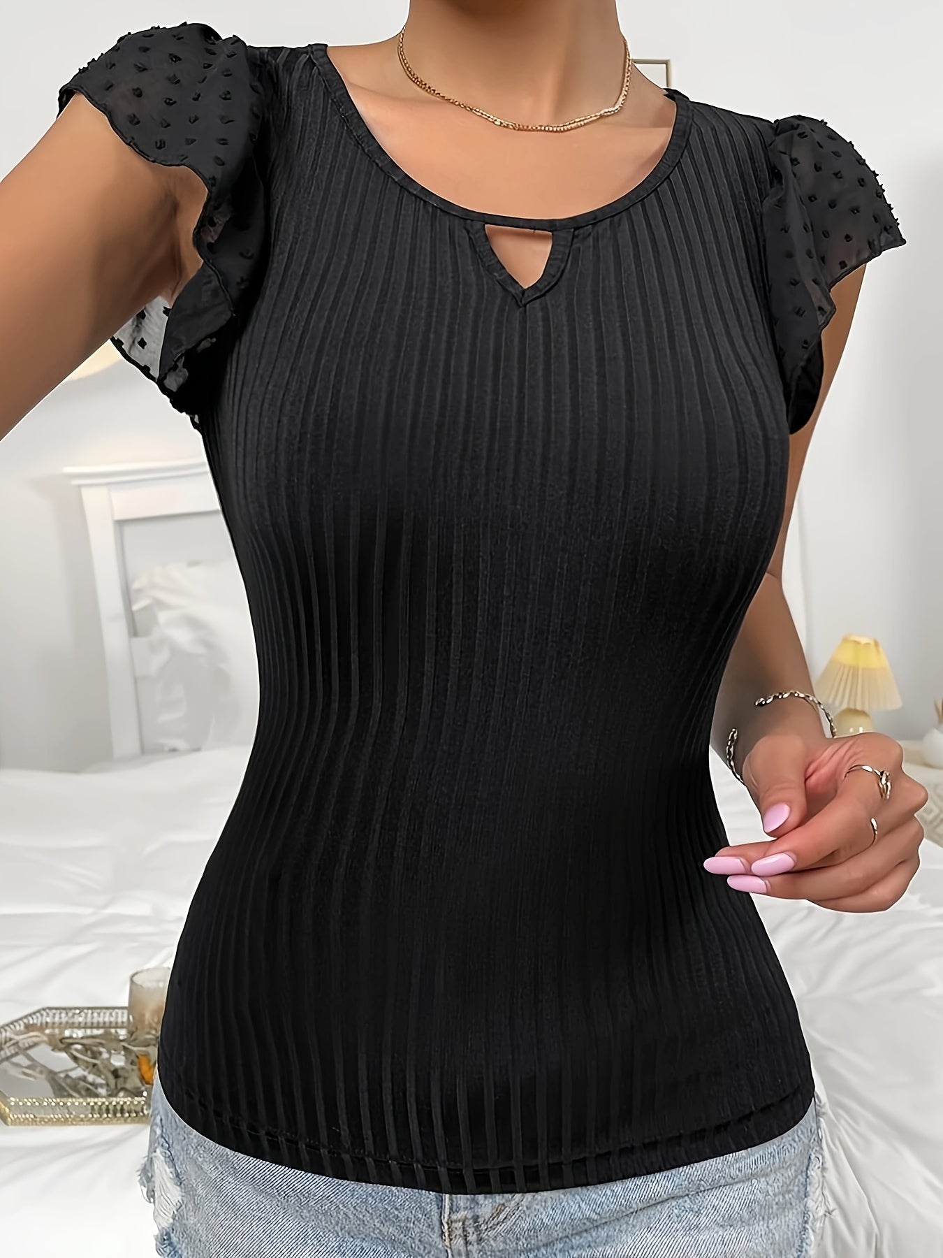 Women's V-Neck Lace Sleeve Top - Middle Eastern-Inspired Breathable Stretchy T-Shirt, Solid Blue Machine Washable Spring/Summer Casual & Formal Wear, Summer Outfit, Feminine Style, Comfortable Fit, Stylish Blouse, Summer Ward