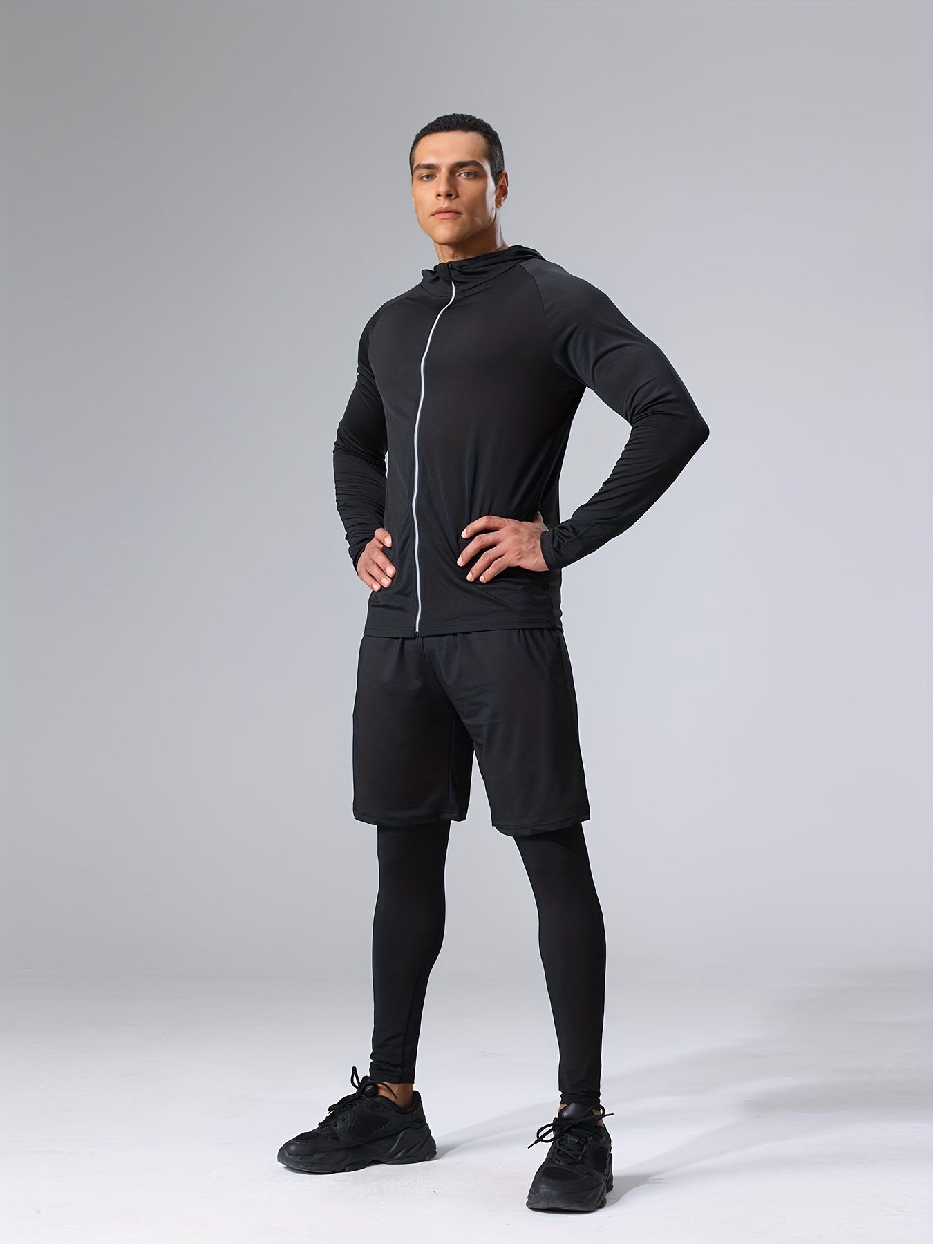 4pcs Athletic Sportswear Set, Polyester 95% Elastane 5% Knit Fabric, All-Season Crew Neck Hoodie, Skinny Fit Solid Color, Breathable Quick-Dry for Running, Fitness, Cycling & Outdoor Activities