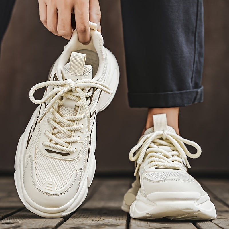 Men'S Breathable Mesh Faux Low-Top Sneakers - Lightweight Cushioned Air Cushioning, White Golden Accents, Lace-Up Casual Shoes for Running, Hiking, Gym Casual Attire, Gym Shoes, Modern Sneakers, Fabric Lined Interior