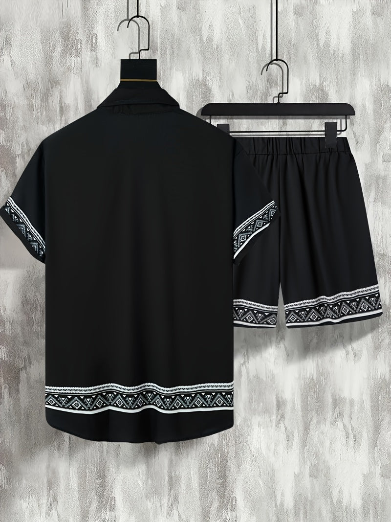 Men'S Two-Piece Set Consisting of a Casual Short-Sleeve Button-Up Shirt And Drawstring Pants, Perfect for Summer Wear.