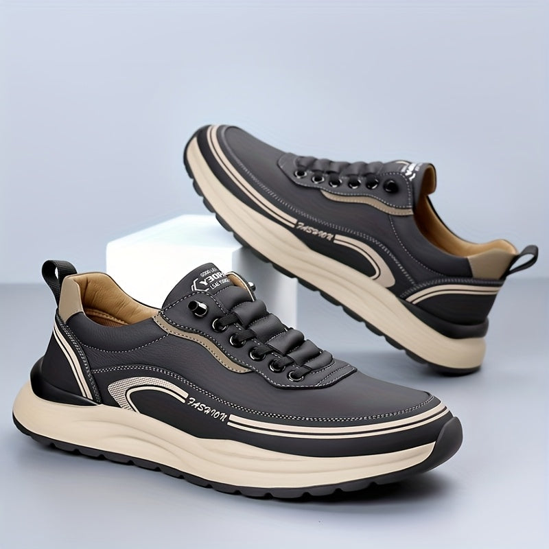 Men's Breathable Lightweight Casual Sneakers - Soft EVA Sole, White Brown Low-Top Lace-Up Shoes for Casual Attire Light Running, All-Season Comfort, Sleek Shoe Design, Daily Walking, Minimalist Style, Flexible Sole, Urban