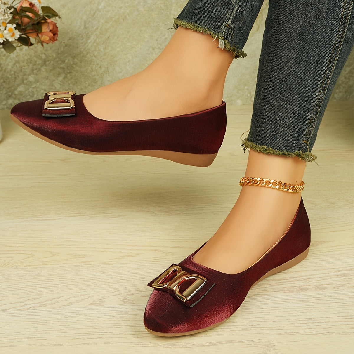 Women's Elegant Red Slip-On Flats with Golden Double Buckle Design - Comfortable Faux Cover Shoes for All Seasons, Pointed Toe Rubber Sole, Perfect for Casual or Dressy Occasions, Dressy Flats Buckle Embellished Shoes Lux