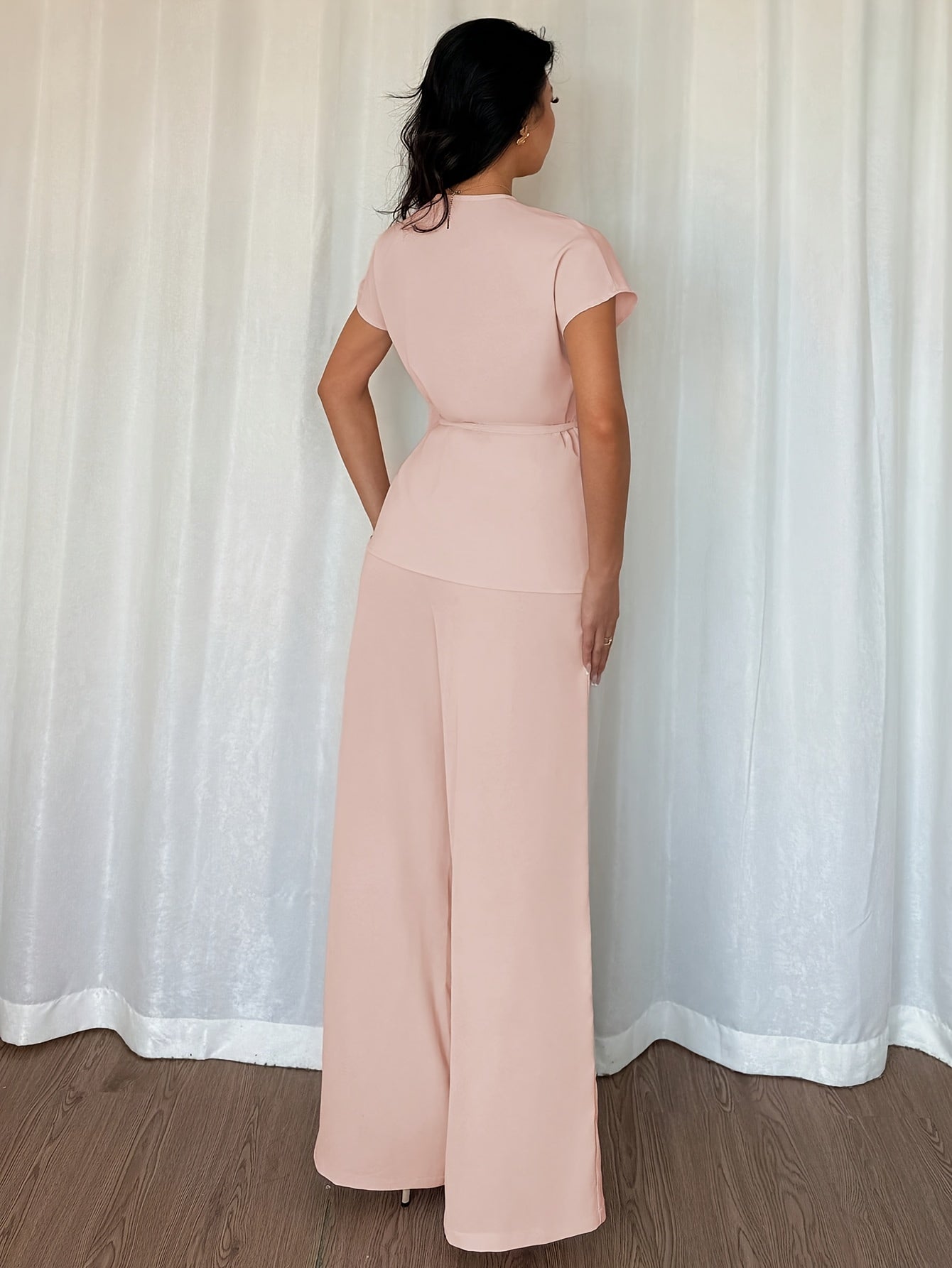 Stylish Women's Elegant Comfortable Solid Color Top and Loose Wide-Leg Pants Two-Piece Set, Suitable for Outings, Dates, Vacation