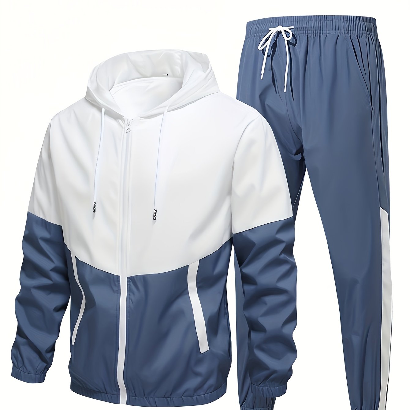 2pcs Men'S Casual Sportswear Set - Color Block Hooded Jacket and Pants, Polyester, Machine Washable, All-Season, with Pockets, Regular Fit, Spring Sportswear|Hooded Sportswear|Machine Washable Fabric