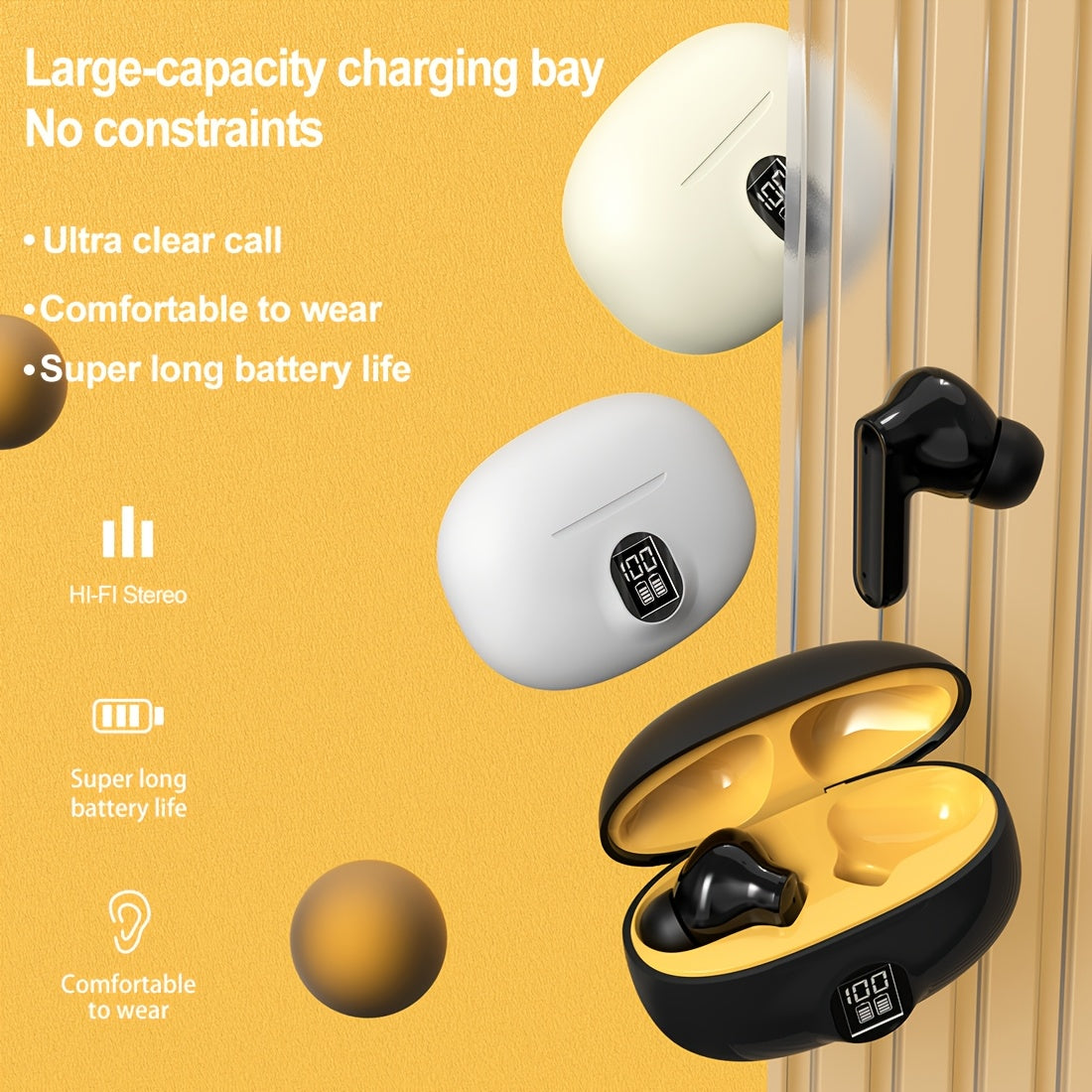 HiFi Sound TWS Wireless Earbuds with HD Display, Touch Controls, Long Battery Life, Wireless 5.0, Comfort Fit for Running, Yoga & Gaming - White, Beige, Black Options