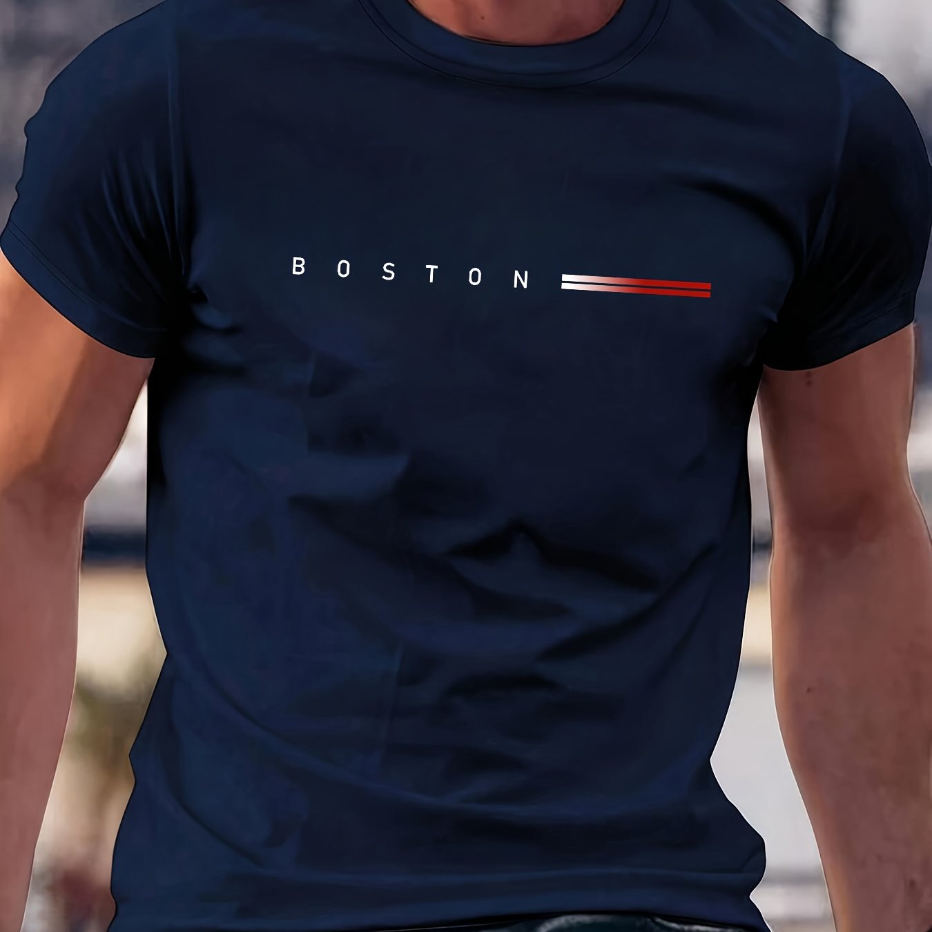 Men's Heavyweight 180gsm Cotton T-Shirt - Dark Gray Crew Neck Tee with Bold "Boston" Print, All-Season Everyday Formal Shirt for Men - Machine Washable Luxury Casual Top, Versatile Clothing, Modern Design, Premium Fabric, S