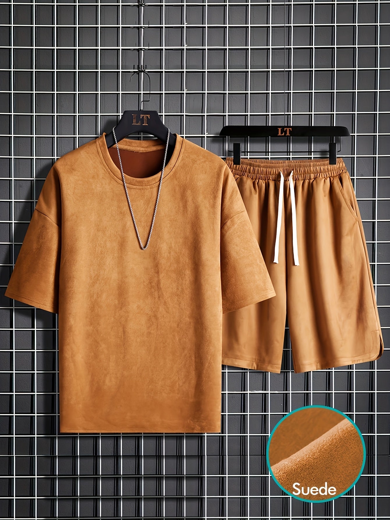 Two-piece Men's summer short-sleeve set, round-neck T-shirt, high-end solid color, half-sleeve, open-back hair clip, thin-fit shorts