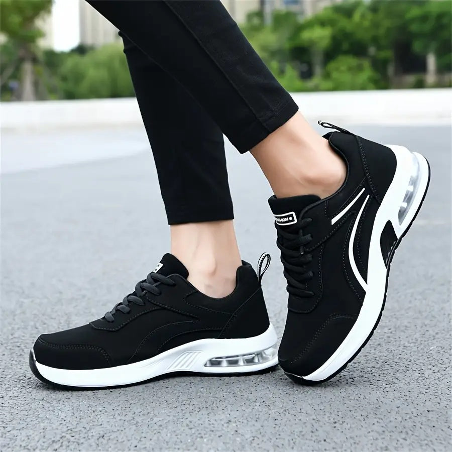 Women's All-Season Running Shoes - Lightweight Cushioned Gym Sneakers with Non-Slip Sole, Low-Top Lace-Up Sneakers in Black/ for Walking, Travel, Everyday - Breathable Synthetic Cover-like Upper, Gym Shoes, Minimalist Design,
