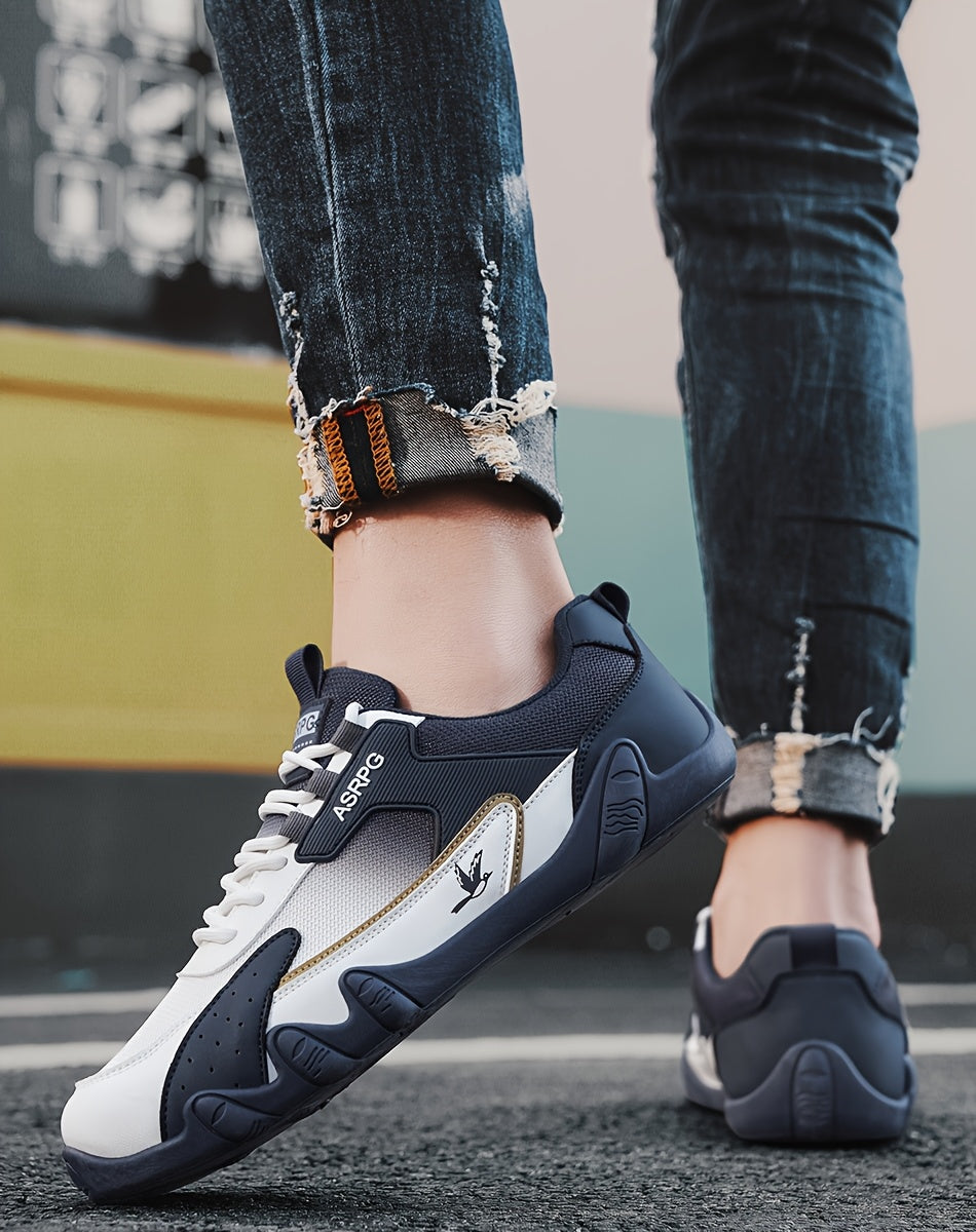 Men's Breathable Low-Top Casual Sneakers - Sporty Lace-Up Walking Shoes with Navy/White/Golden Accents, All-Season Outdoor Everyday Comfort, Durable Fabric Upper PVC Sole, Comfortable Footwear, Sleek Shoe Design, Lightwei