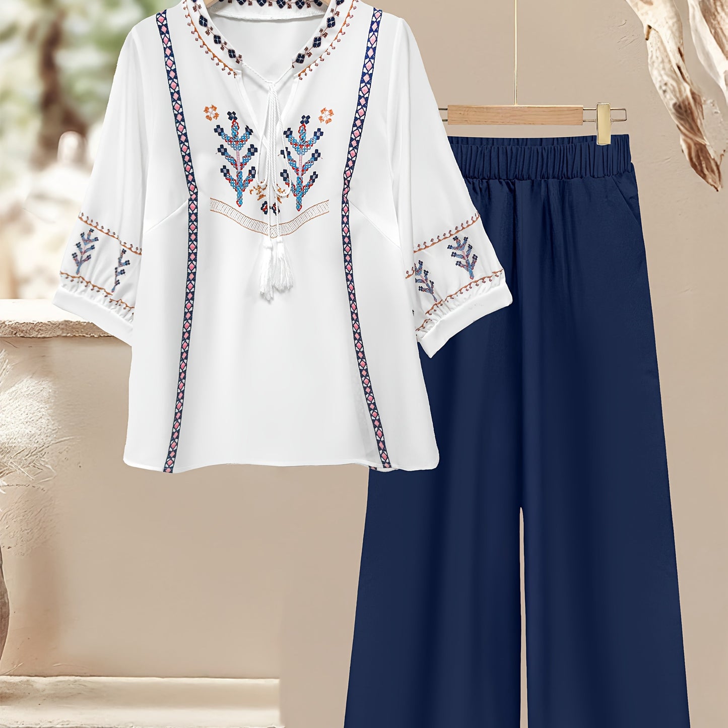 Elegant Ethnic Style Loose-Fit Top and Solid Color Casual Pants 2pcs Set for Women - Chic V-Neck with Floral Pattern, Long Sleeve, Polyester Blend, Perfect for Spring/Summer/Fall