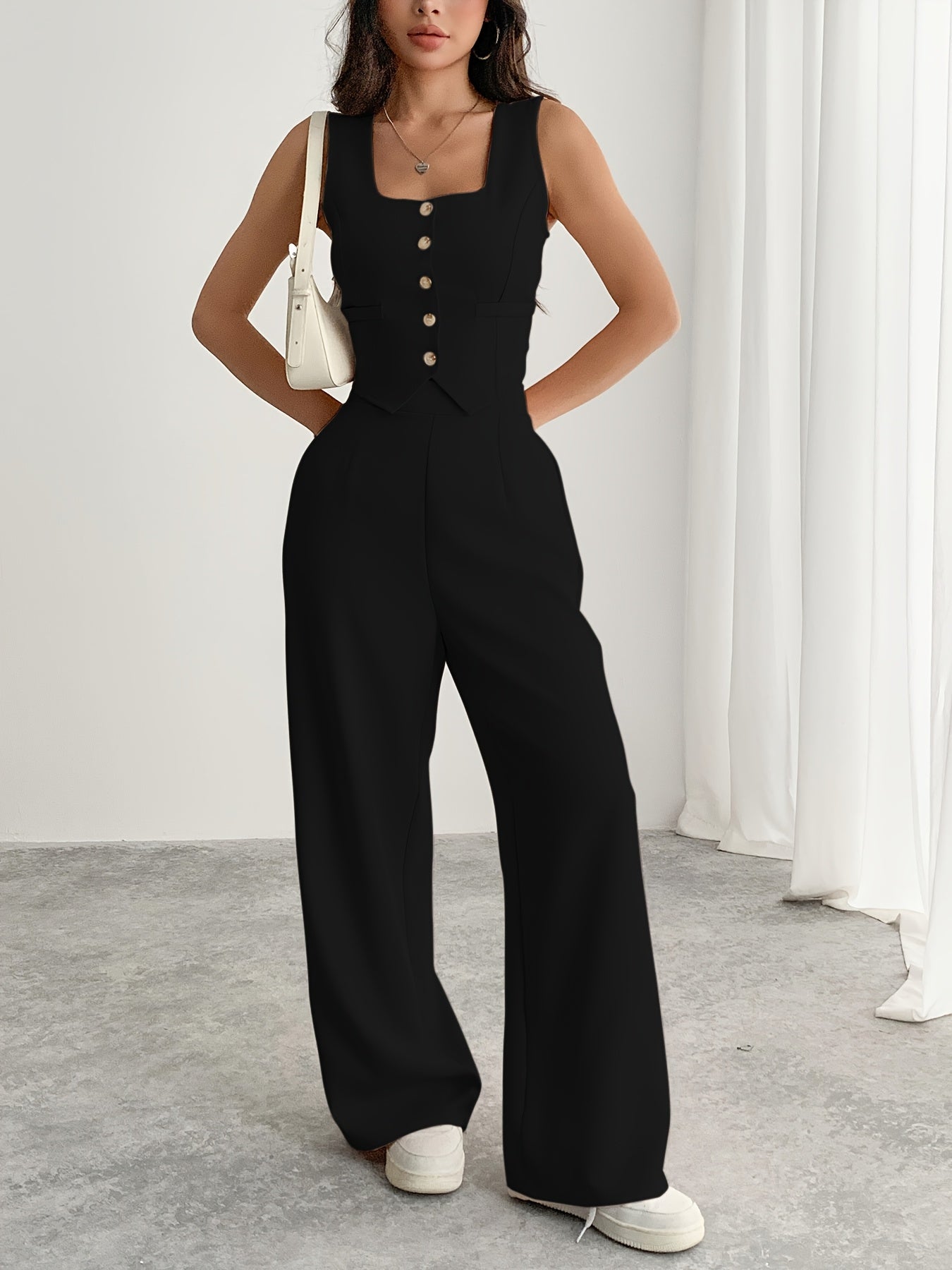 Two-Piece Women's Square Neck Sleeveless Button-Up Blouse and Loose Wide-Leg Pants Set