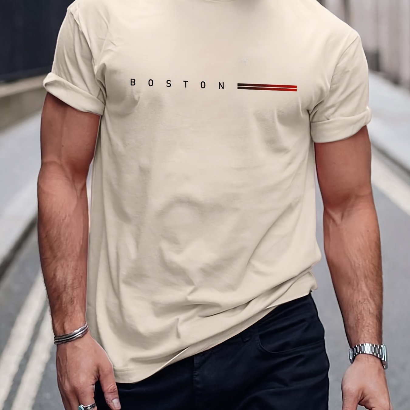 Men's Heavyweight 180gsm Cotton T-Shirt - Dark Gray Crew Neck Tee with Bold "Boston" Print, All-Season Everyday Formal Shirt for Men - Machine Washable Luxury Casual Top, Versatile Clothing, Modern Design, Premium Fabric, S
