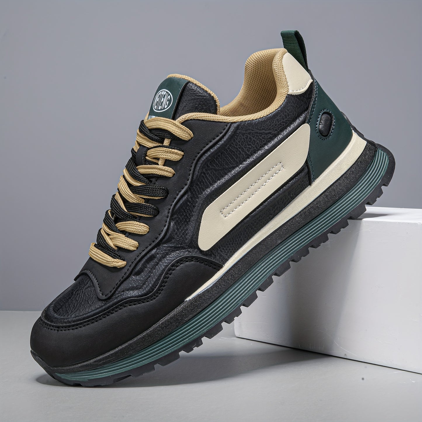 Men'S Breathable Lace-Up Sneakers - Color Block Design, Thick Sole, Casual Athletic Shoes for Casual Attire, Low-Top Style, Lace-Up Closure, PVC Sole, Fabric Inner, Round Toe, Faux Upper, Available in Black, Gray, Blue, Green