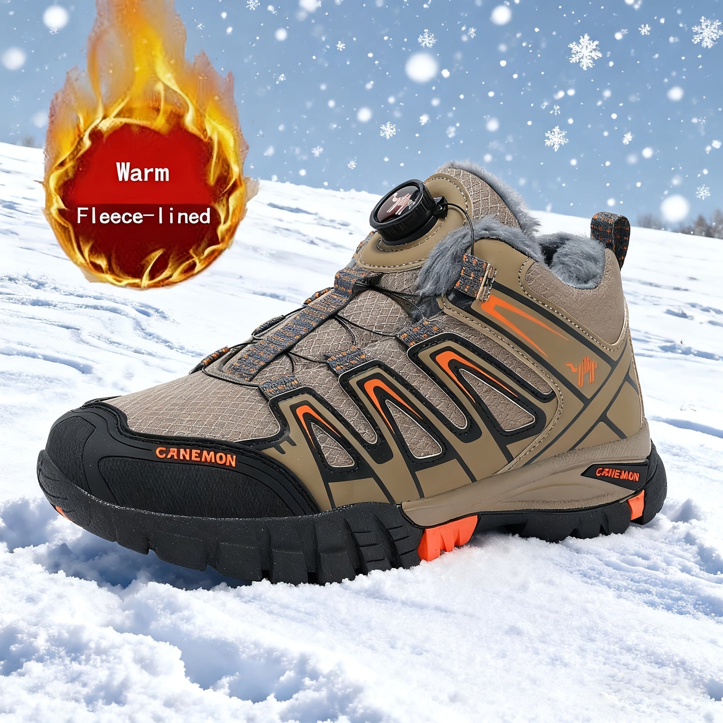 CANEMON Men's Winter Snow Shoes - Thermal Traction TPR Sole, Mid-Calf Height, djustable Strap & Buckles, Warm for Ice, Sports, Trekking - Black/Orange/White/Gray Cold-Weather Boots, Winter Boots For Men, Winter Shoes For Men,