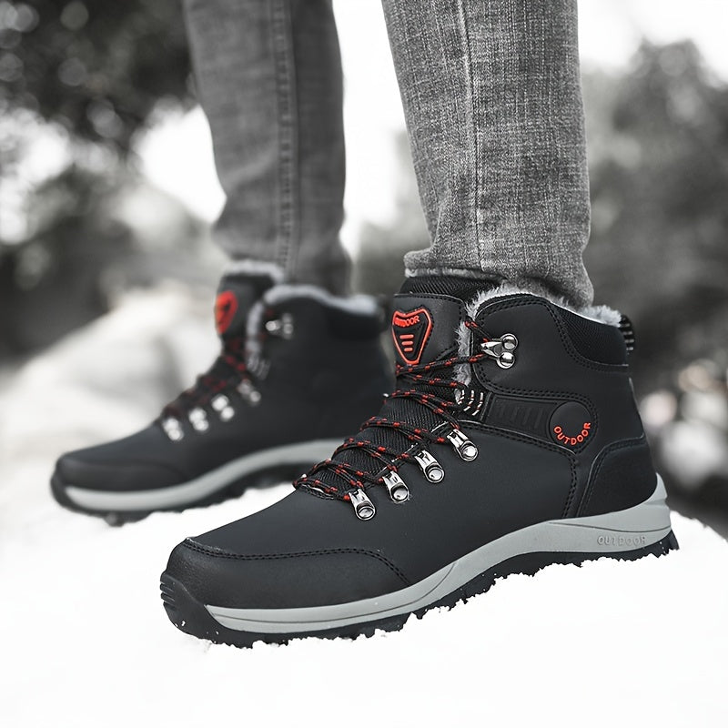 Men'S Winter Snow Warm Hiking Boots, Plush Ankle Boots, Lace-Up Outdoor Trend Style, Suitable for Hiking on Snowy Ground