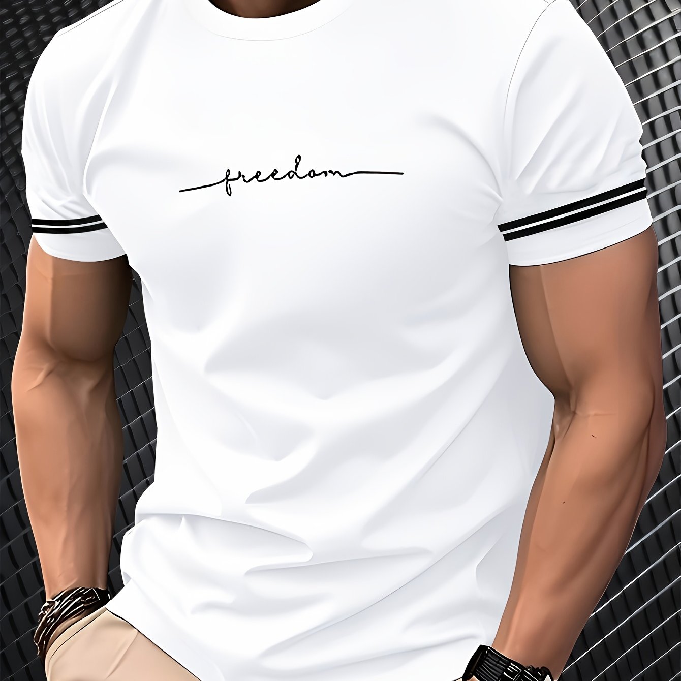 Men'S "Freedom" Graphic T-Shirt - Black Casual Crew Neck Tee with White Stripes, Breathable Polyester Blend, Regular Fit for Casual Attire, Everyday Tshirt Bold Print Tee Comfortable Fit, Knit