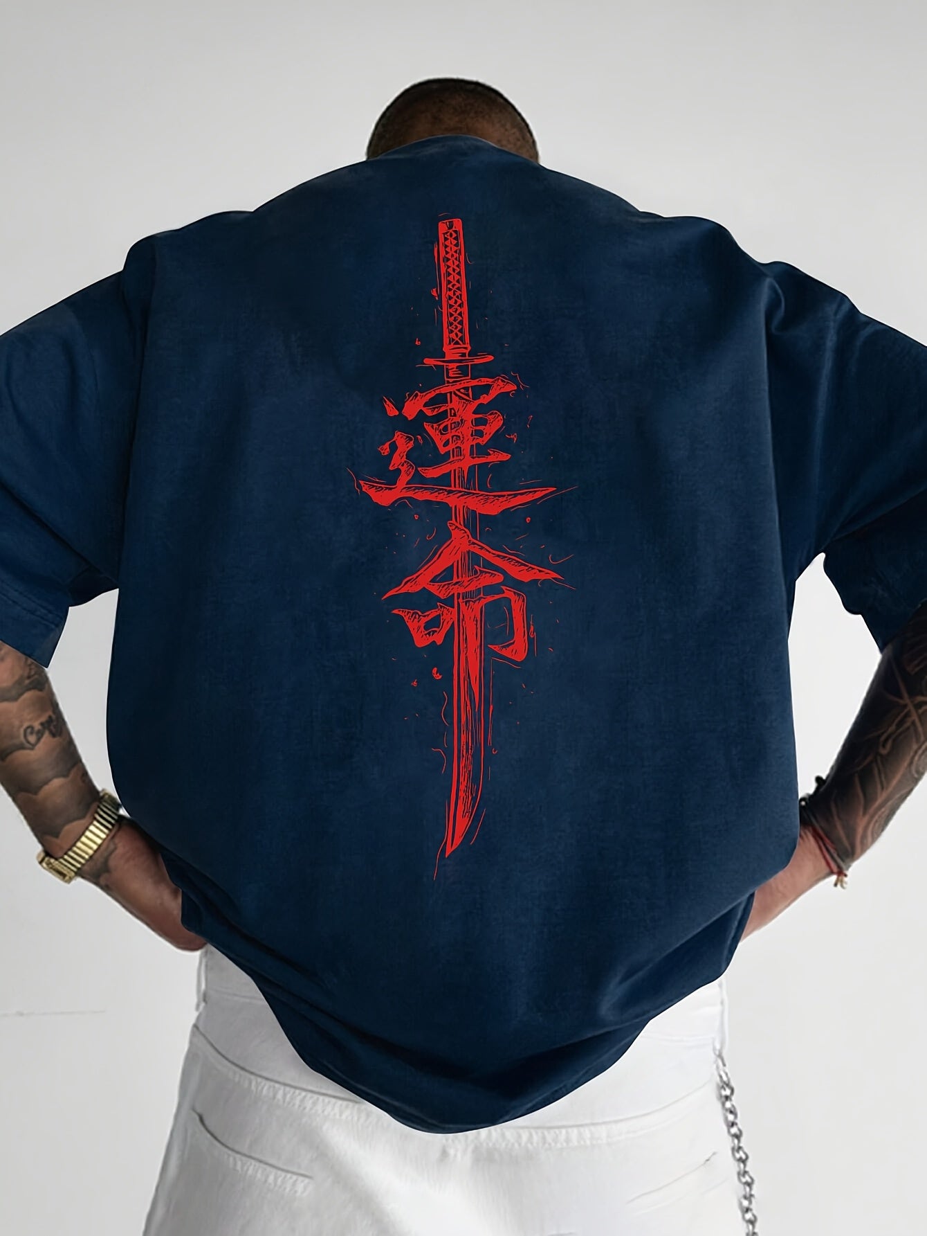 Men'S Japanese Samurai Sword Graphic T-Shirt - Casual Loose Fit Crew Neck, Short Sleeve Tee with Red Stylized Japanese Katanas Design, Breathable Polyester for Spring Summer Outdoor Wear