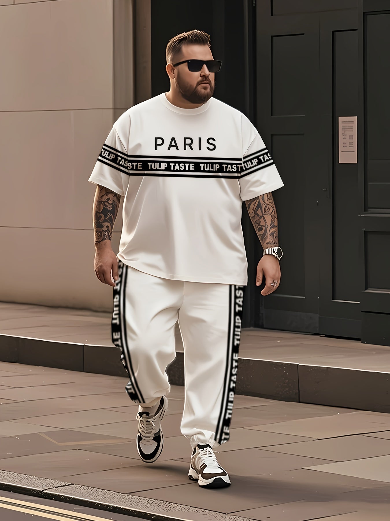 Black and White Striped Urban Style Large Size Men's Round Neck Short Sleeve T-shirt and Pants Black and White 3D Striped Mixed Print Simple Paris Letter Street Culture Short Sleeve T-shirt Urban Striped Letter Print Pants Fa