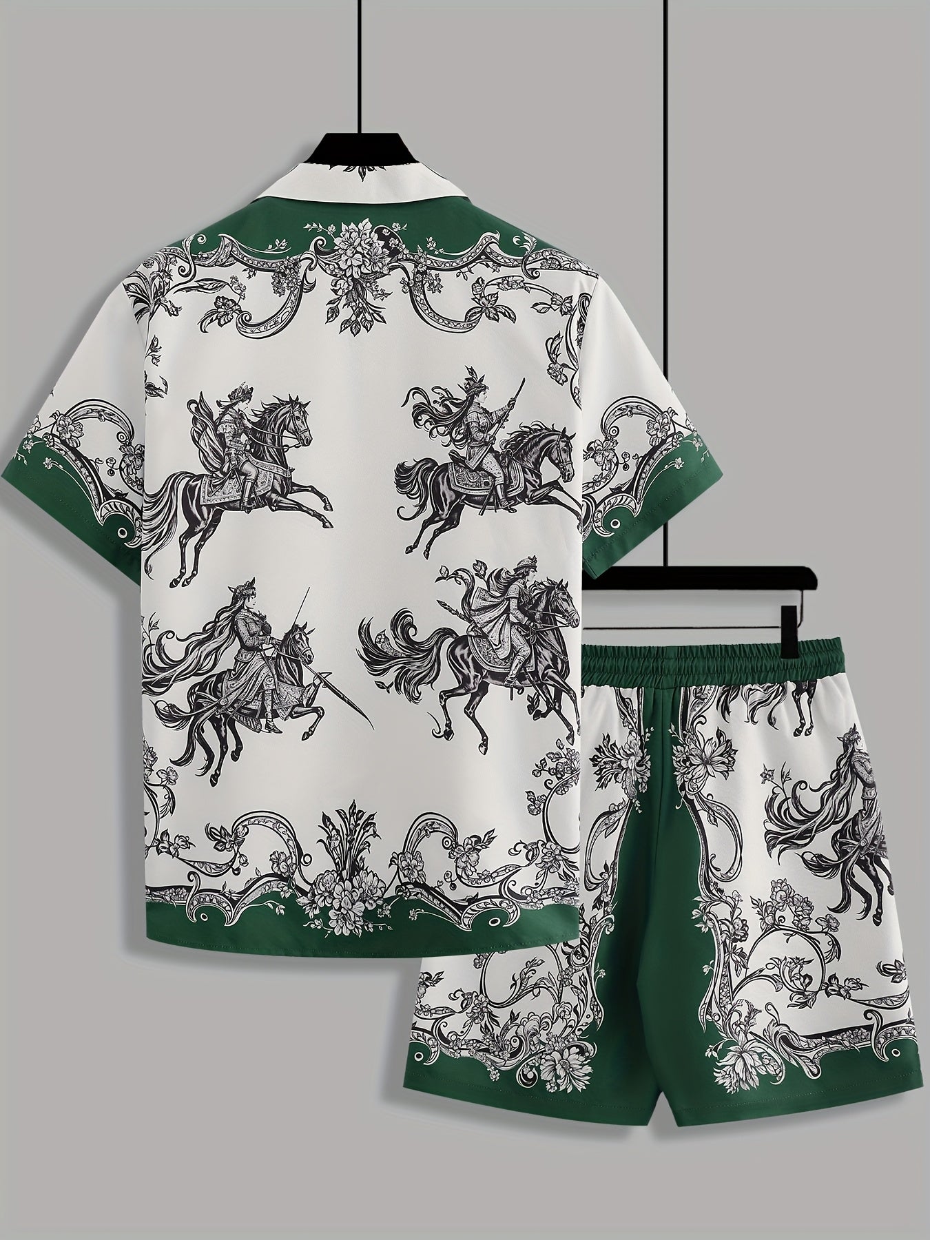 Men's Summer Suit Set: Short Sleeve Knight Print Positioning Burned Shirt with Open Collar, Drawstring Casual Shorts Pajama Two-Piece Set