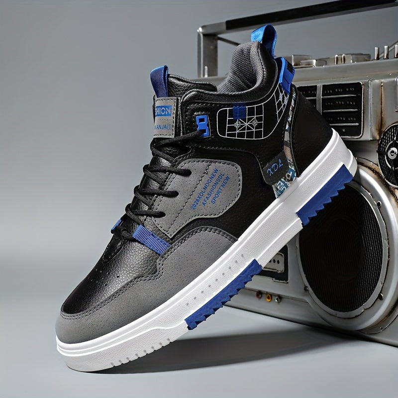 Men's Skate Shoes with Good Grip Breathable Design - PU Upper, Cushioned PVC Sole, Black/Blue Letter Pattern Lace-Up Sneakers for All-Season Casual Sports Wear, Allseason Shoes Modern Casual Shoes Comfortable Wear