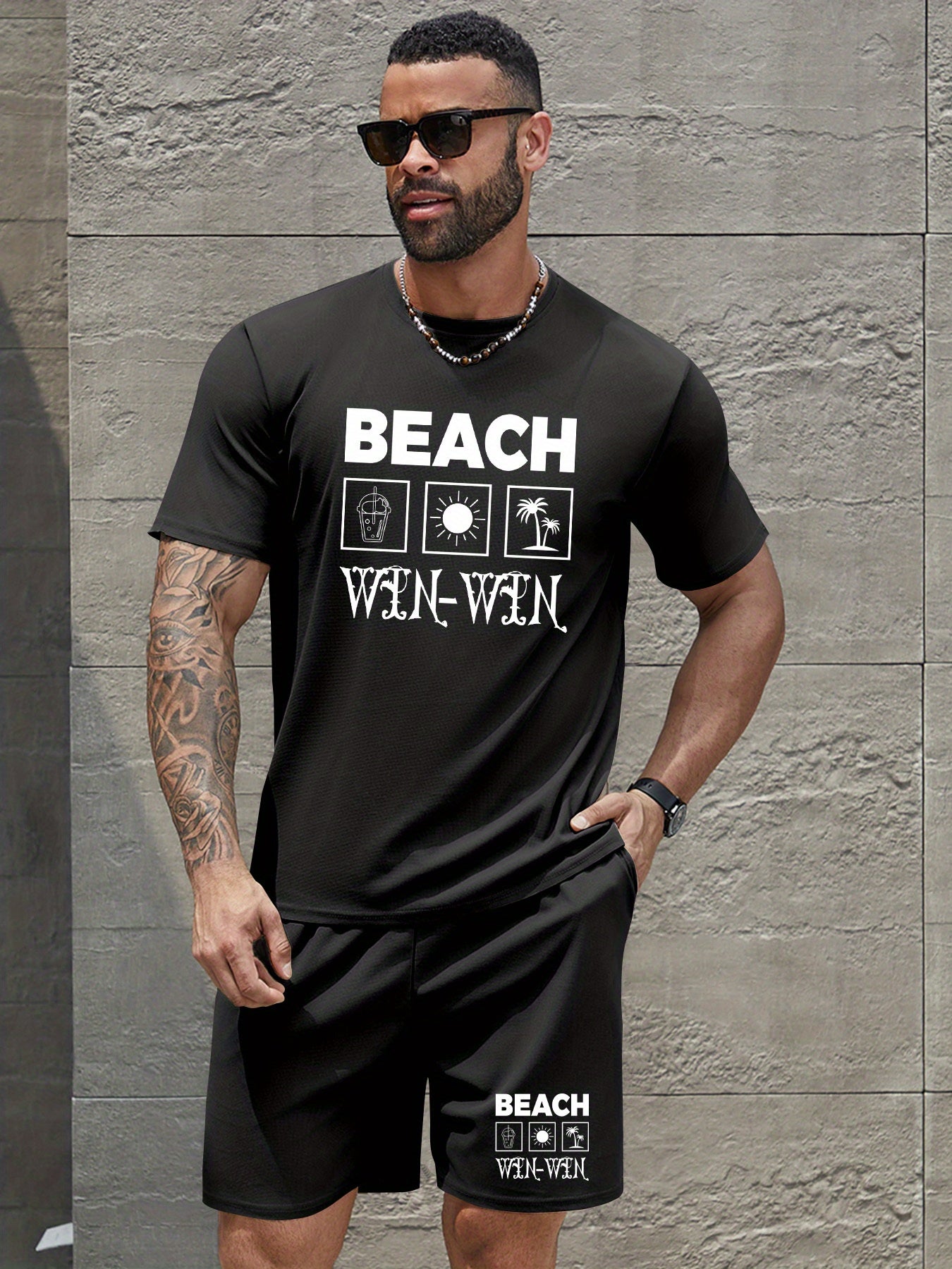 BEACH Men's 3-Piece Casual Sportswear Set, Crew Neck Short Sleeve T-Shirt with Shorts and Long Pants, Versatile Simple Breathable Summer Outfits, Knit Fabric Regular Fit, 100% Polyester Material, Casual Style Lash Sets, Sligh