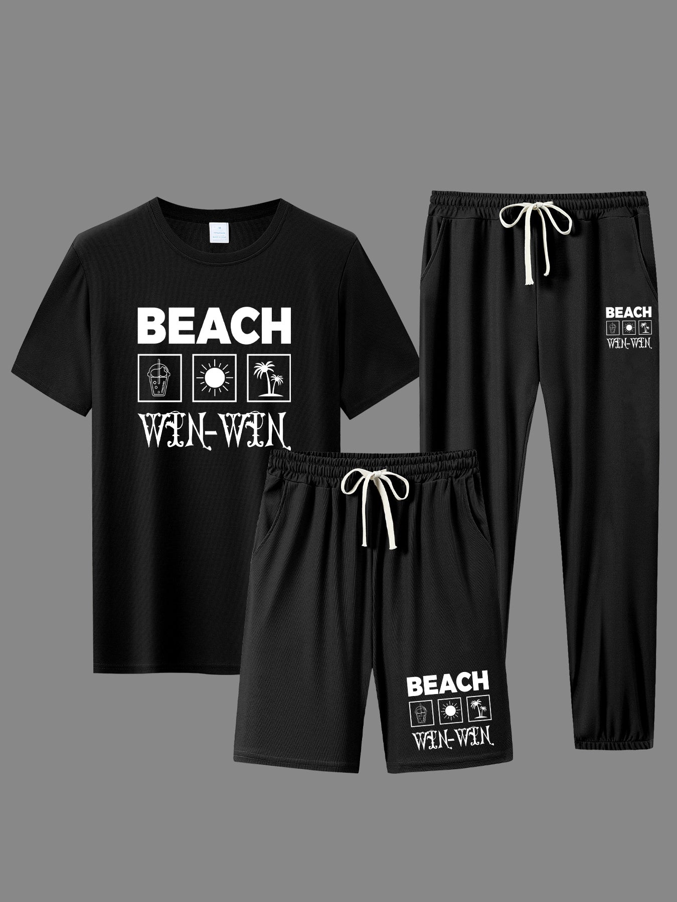 BEACH Men's 3-Piece Casual Sportswear Set, Crew Neck Short Sleeve T-Shirt with Shorts and Long Pants, Versatile Simple Breathable Summer Outfits, Knit Fabric Regular Fit, 100% Polyester Material, Casual Style Lash Sets, Sligh