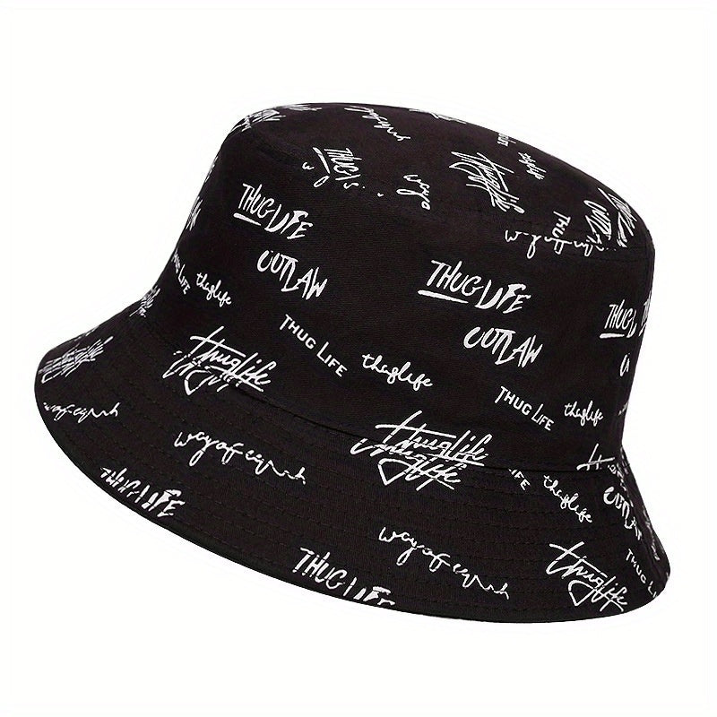 Reversible Men's Bucket Hat with Letter Print - Funky Style, Sun Protection & Versatile for Outdoor Activities, Foldable Sun Hat