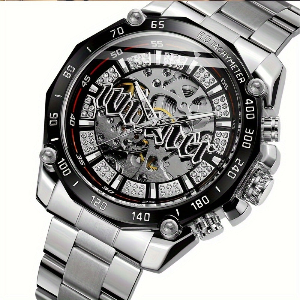 Stylish Men's Automatic Mechanical Watch - Stainless Steel Case & Band, Classic Double Hollow Design, Perfect Gift
