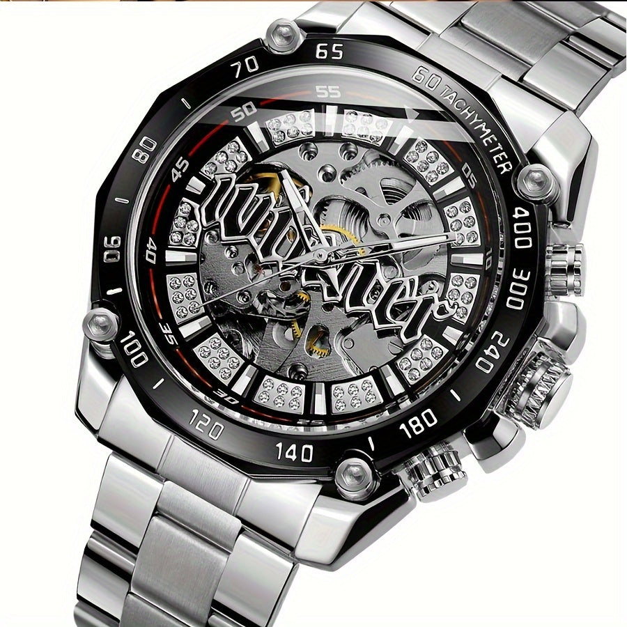 Stylish Men's Automatic Mechanical Watch - Stainless Steel Case & Band, Classic Double Hollow Design, Perfect Gift