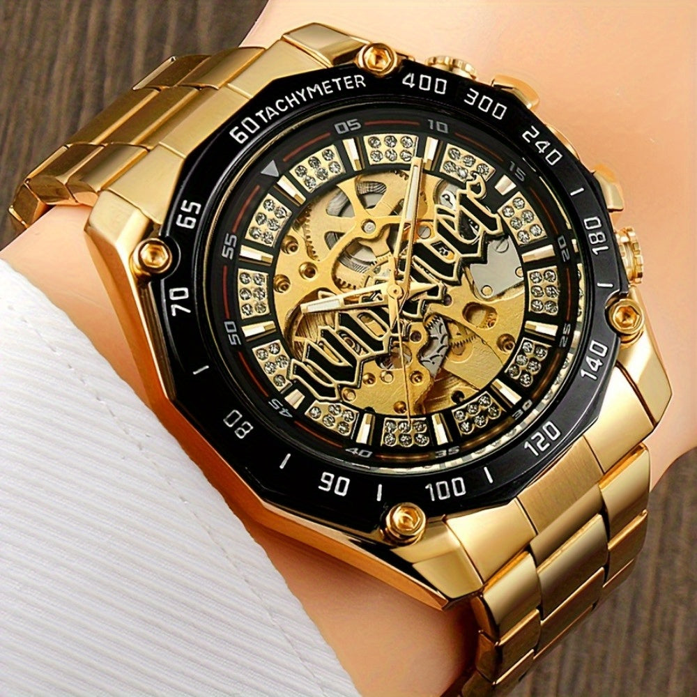 Stylish Men's Automatic Mechanical Watch - Stainless Steel Case & Band, Classic Double Hollow Design, Perfect Gift