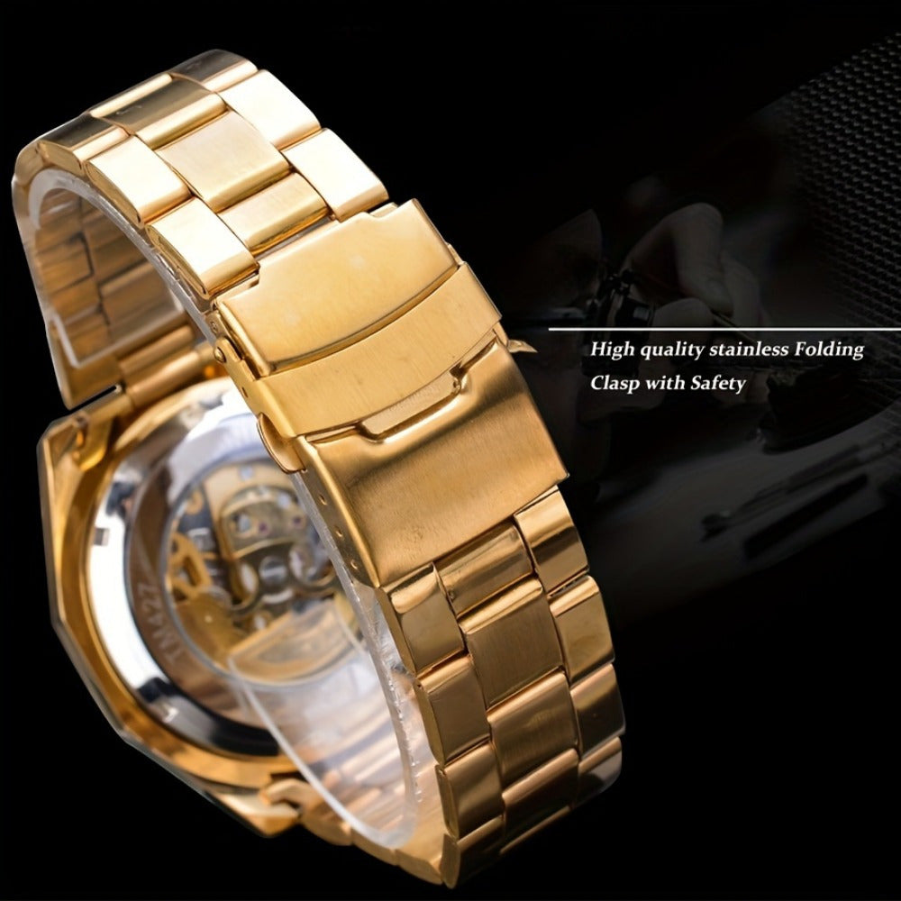 Stylish Men's Automatic Mechanical Watch - Stainless Steel Case & Band, Classic Double Hollow Design, Perfect Gift