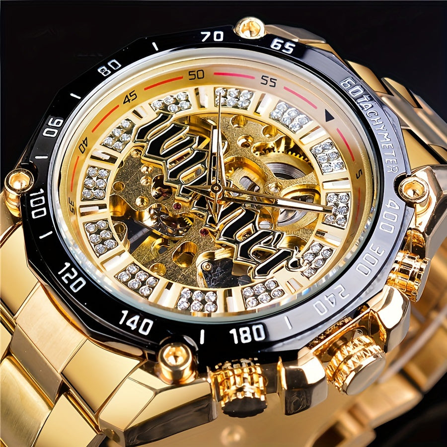 Stylish Men's Automatic Mechanical Watch - Stainless Steel Case & Band, Classic Double Hollow Design, Perfect Gift