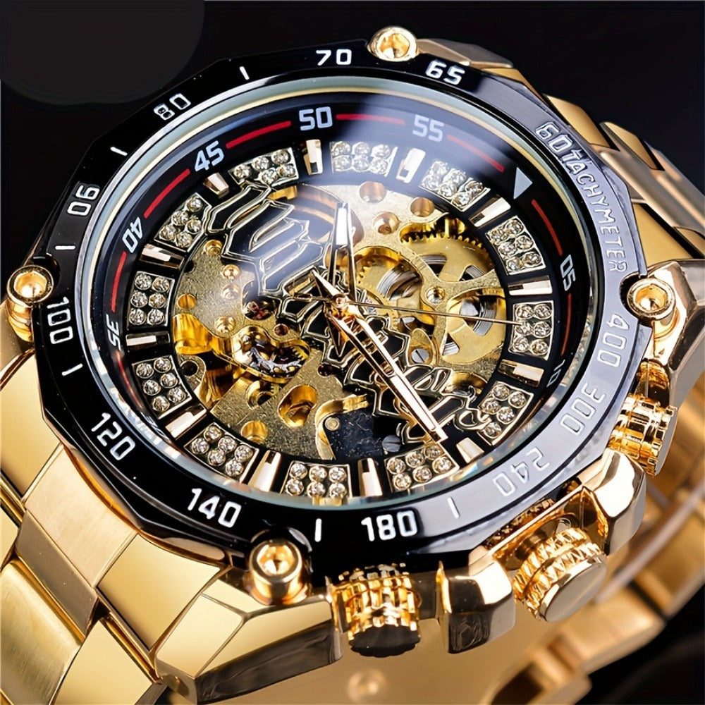 Stylish Men's Automatic Mechanical Watch - Stainless Steel Case & Band, Classic Double Hollow Design, Perfect Gift