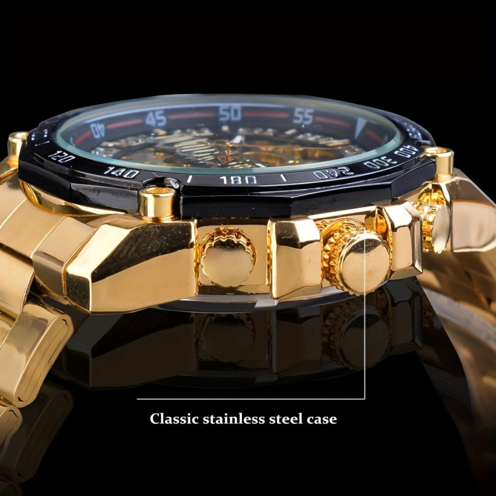 Stylish Men's Automatic Mechanical Watch - Stainless Steel Case & Band, Classic Double Hollow Design, Perfect Gift