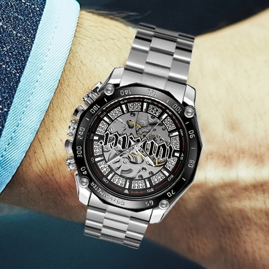 Stylish Men's Automatic Mechanical Watch - Stainless Steel Case & Band, Classic Double Hollow Design, Perfect Gift