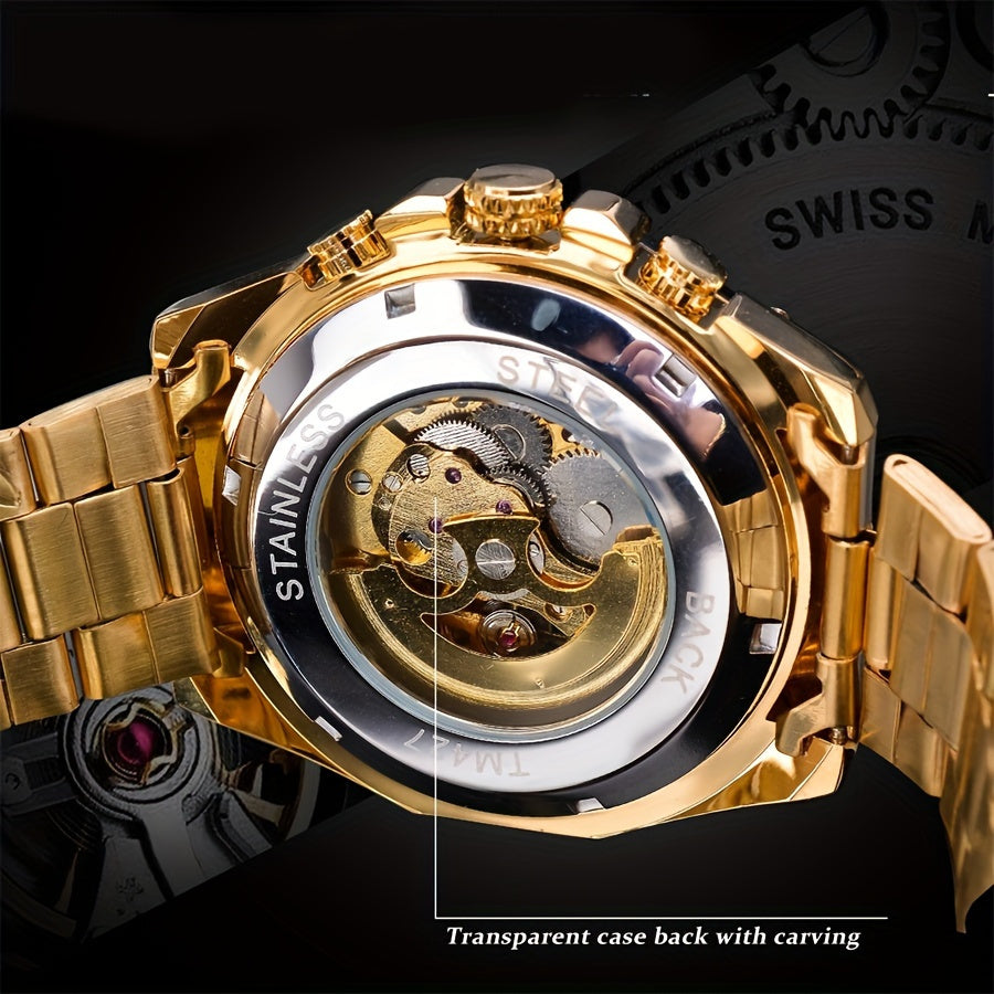 Stylish Men's Automatic Mechanical Watch - Stainless Steel Case & Band, Classic Double Hollow Design, Perfect Gift