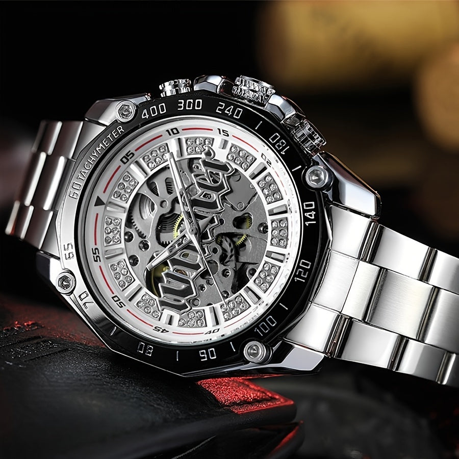 Stylish Men's Automatic Mechanical Watch - Stainless Steel Case & Band, Classic Double Hollow Design, Perfect Gift