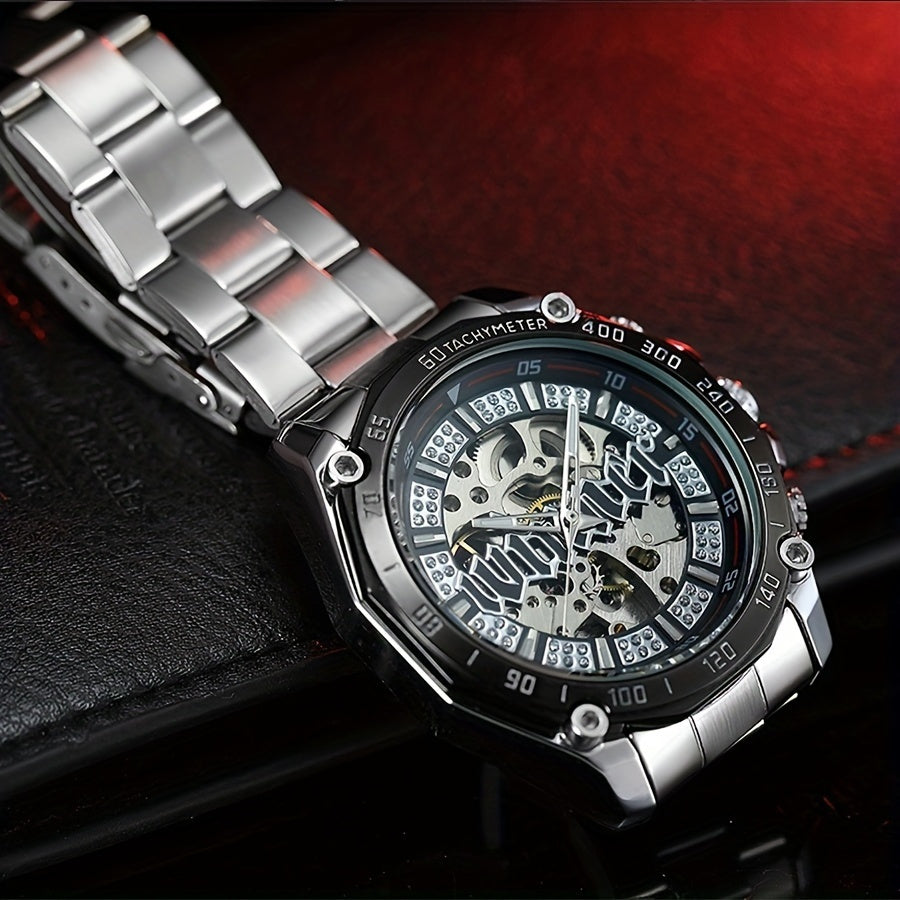 Stylish Men's Automatic Mechanical Watch - Stainless Steel Case & Band, Classic Double Hollow Design, Perfect Gift